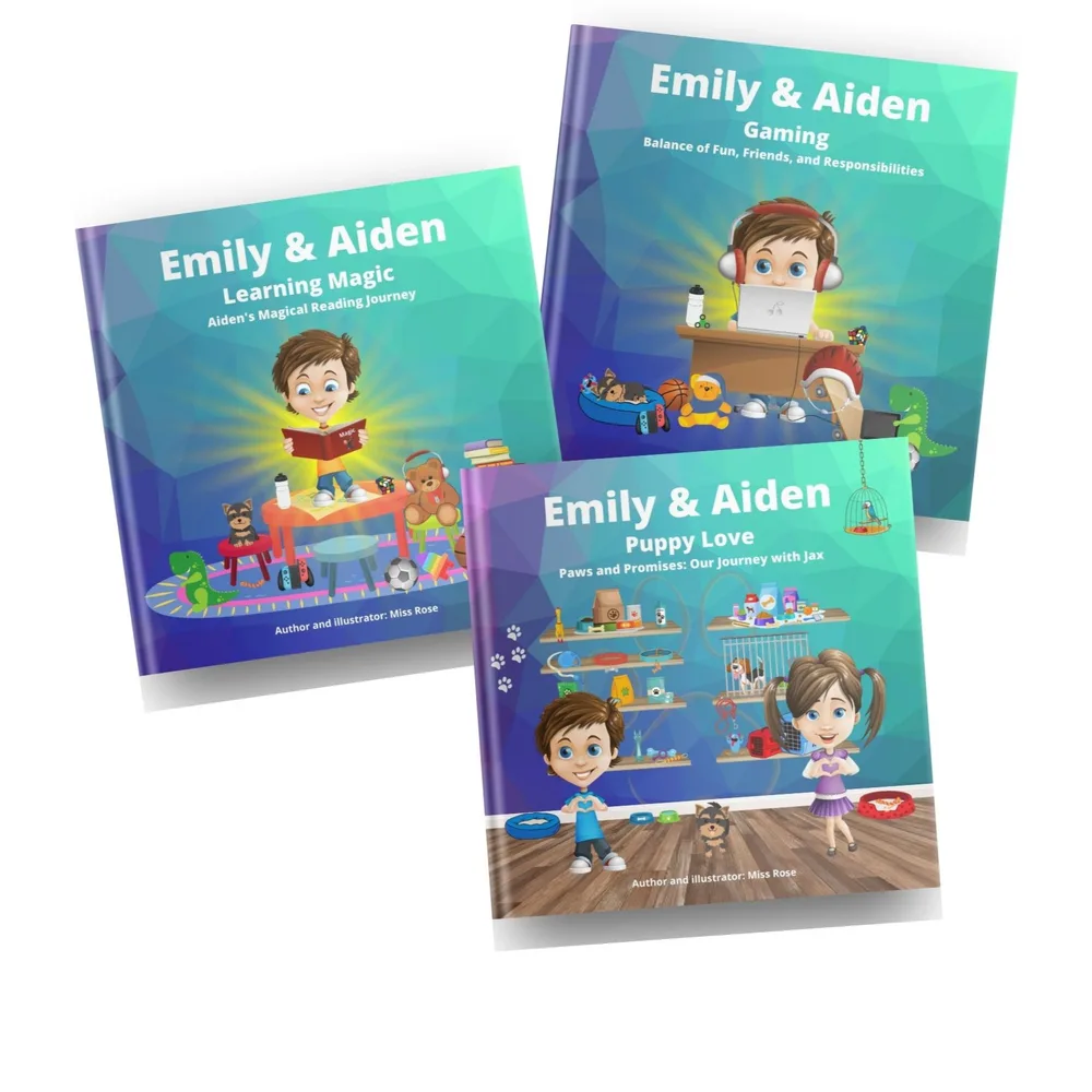 The three Emily & Aiden hardcover books: Learning Magic, Puppy Love and Gaming