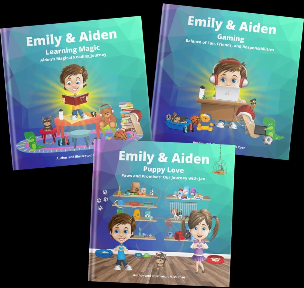 The three Emily & Aiden hardcover books: Learning Magic, Puppy Love, and Gaming