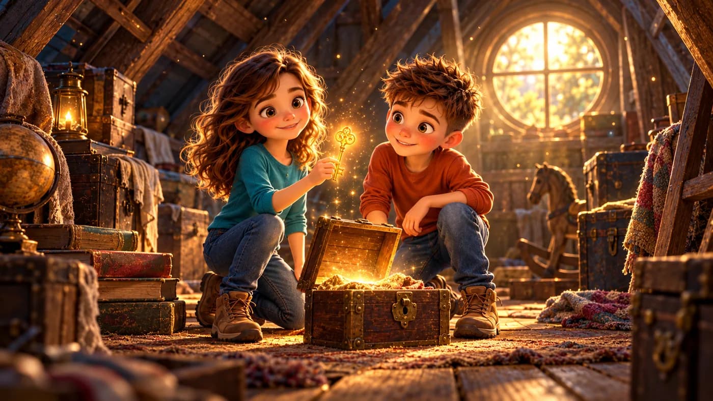 Maya and Leo kneel in a dusty attic as a golden key glows inside an old wooden chest